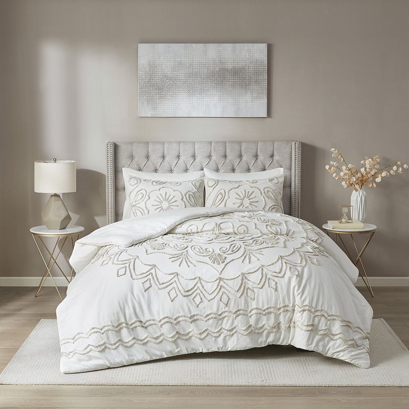 King/California King 3pc Chenille Comforter Set Ivory/Taupe: Madison Park, Medallion Pattern, OEKO-TEX Certified