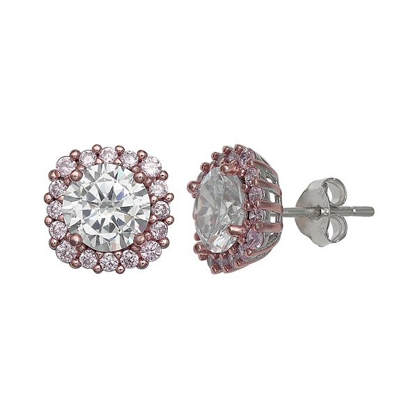 Sterling Silver Cubic Zirconia Halo Stud Earrings with 'Rubover' Detail main image 1