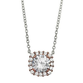 PRIMROSE Sterling Silver Cubic Zirconia Square Halo Pendant Necklace