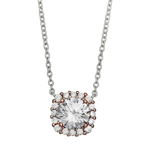 PRIMROSE Sterling Silver Cubic Zirconia Square Halo Pendant Necklace