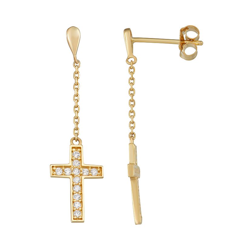 Forever Radiant 10k Gold Cubic Zirconia Dangle Cross Stud Earrings, Womens