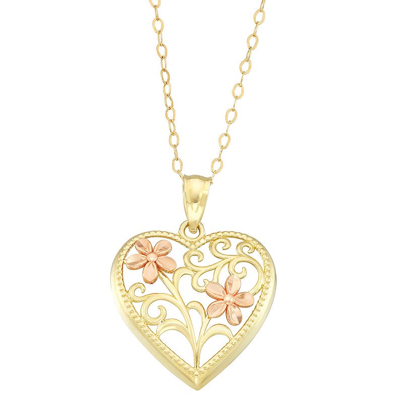 Two Tone 10k Gold Flower Filigree Heart Pendant Necklace, Womens, Size: 1