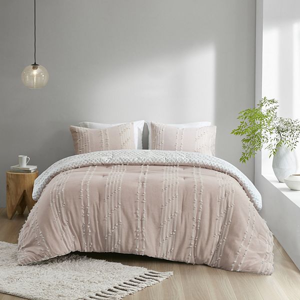 Ink+Ivy 3pc King/California King Kara Cotton Jacquard Comforter Set Blush Pink: Diamond Reverse, Machine Washable, OEKO-TEX Certified: Midweight