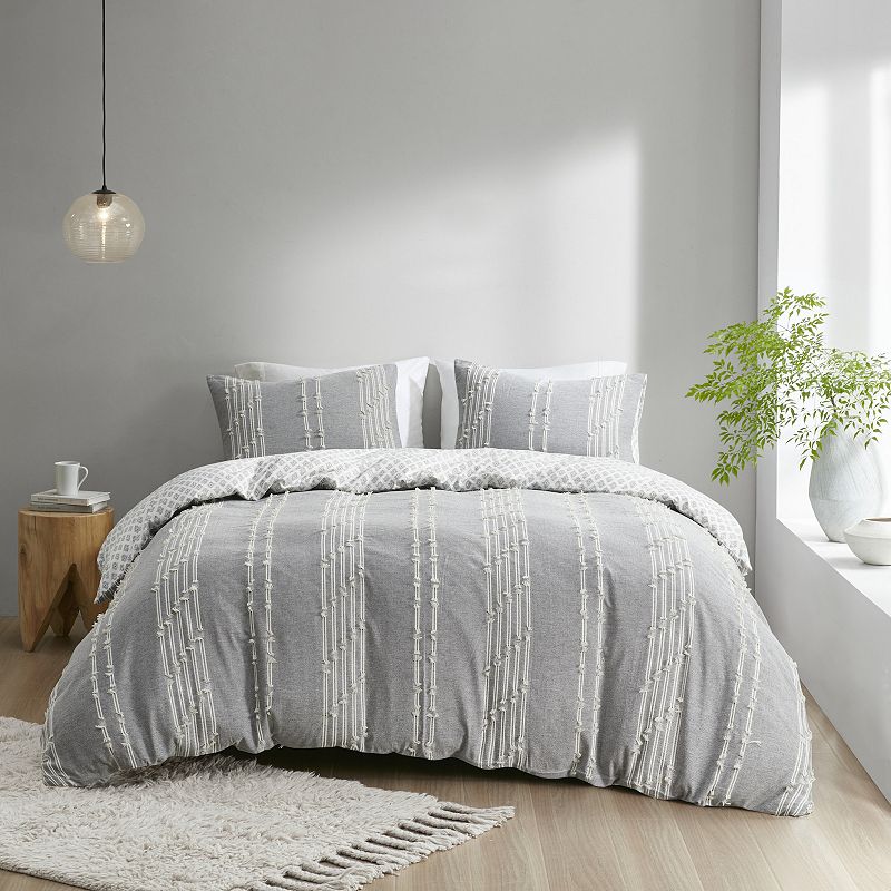 INK+IVY Kara Cotton Jacquard Striped Duvet Cover Set with Shams, Grey, Full