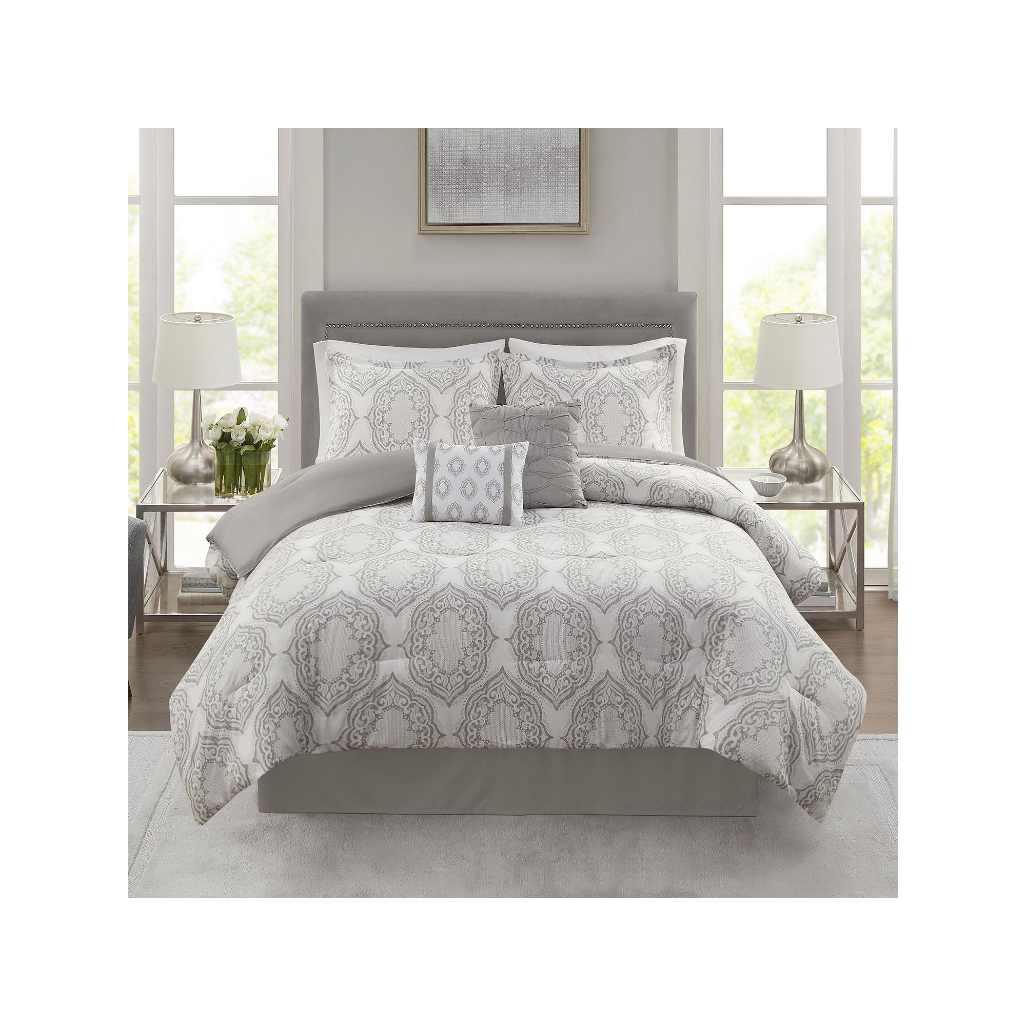 Madison Park 6-PC Comforter Set with Throw Pillows, Gray Medallion