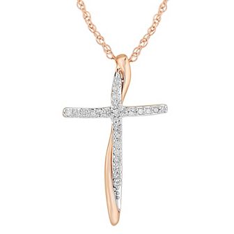 14k Rose Gold Over Silver 1/10 Carat T.W. Diamond Cross Pendant Necklace
