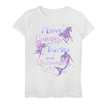 Girls 7-16 I Love Unicorns Fairies And Mermaids Graphic Tee