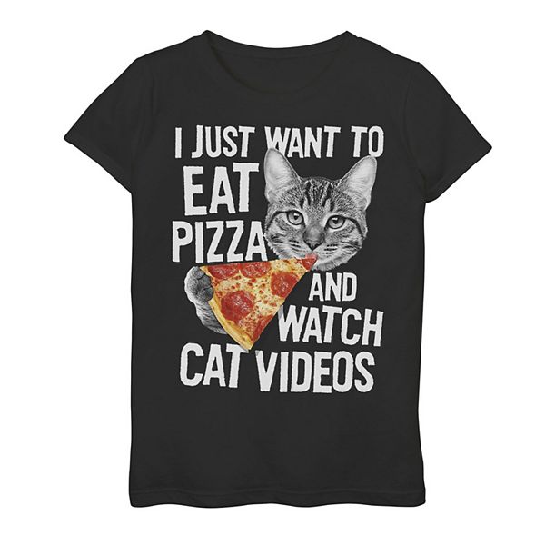 Girls 7-16 Eat Pizza & Watch Cat Videos Funny Food Graphic Tee