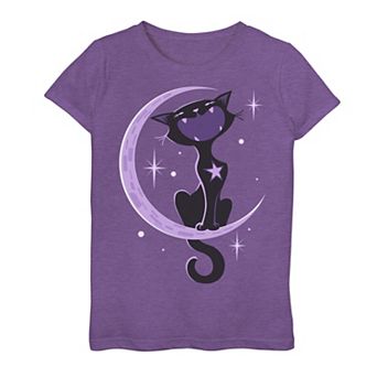 Girls 7-16 Howl Moon Cat Amimal Portrait Graphic Tee