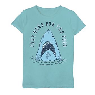 Girls 7-16 Just Here For The Food Shark Breach Sketch Graphic Tee