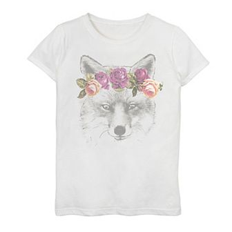 Girls 7-16 Pretty Fox Floral Anilmal Portrait Graphic Tee