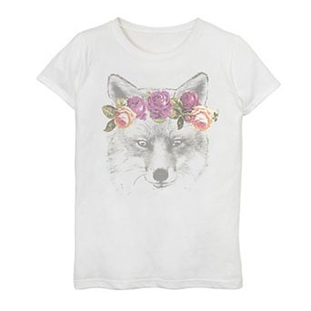 Girls 7-16 Pretty Fox Floral Anilmal Portrait Graphic Tee