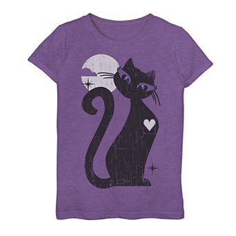 Girls 7-16 Black Cat Full Moon Spooky Cute Vintage Graphic Tee
