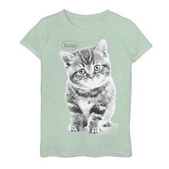 Girls 7-16 Roar Text Cat Portrait Graphic Tee