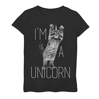 Girls 7-16 Kitten I'm A Unicorn Black And White Graphic Tee
