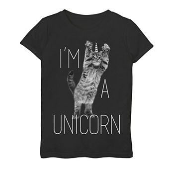Girls 7-16 Kitten I'm A Unicorn Black And White Graphic Tee