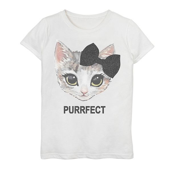 Girls 7-16 Kitty Bow Portrait Purrfect Text Graphic Tee
