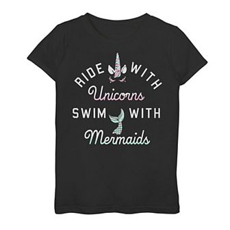Girls 7-16 Ride With Unicorn Swim With Mermaids Graphic Tee