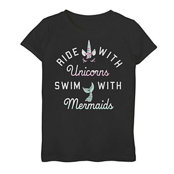 Girls 7-16 Ride With Unicorn Swim With Mermaids Graphic Tee