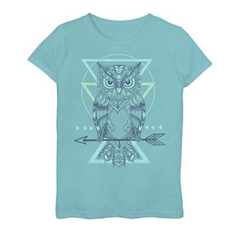 Girls 7-16 Turquoise Owl Perched With Geometric Shapes Graphic Tee