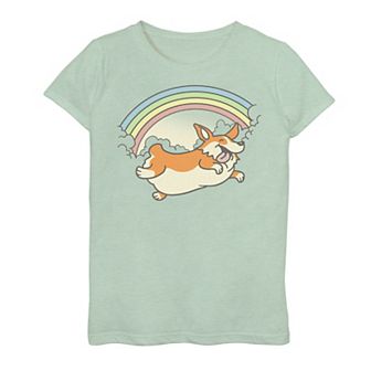 Girls 7-16 Corgi Rainbow Jump Dog Portrait Graphic Tee