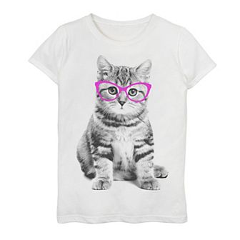 Girls 7-16 Glasses Cat Black And White Portrait Graphic Tee