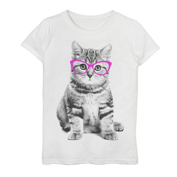 Girls 7-16 Glasses Cat Black And White Portrait Graphic Tee