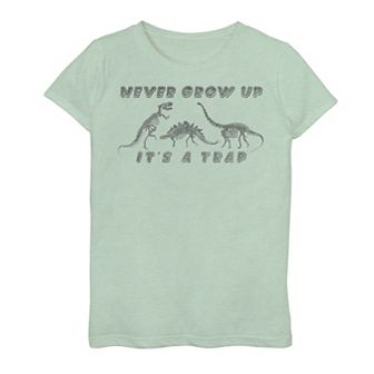 Girls 7-16 Dino Trap Never Grow Up Text Graphic Tee