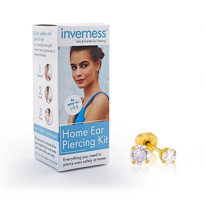 Inverness Home Ear Piercing Kit with 14k Gold 3 mm CZ Stud Earrings, Women