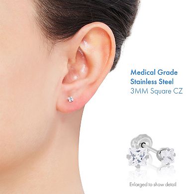 Inverness Home Ear Piercing Kit with Stainless Steel 3 mm Square CZ Stud Earrings