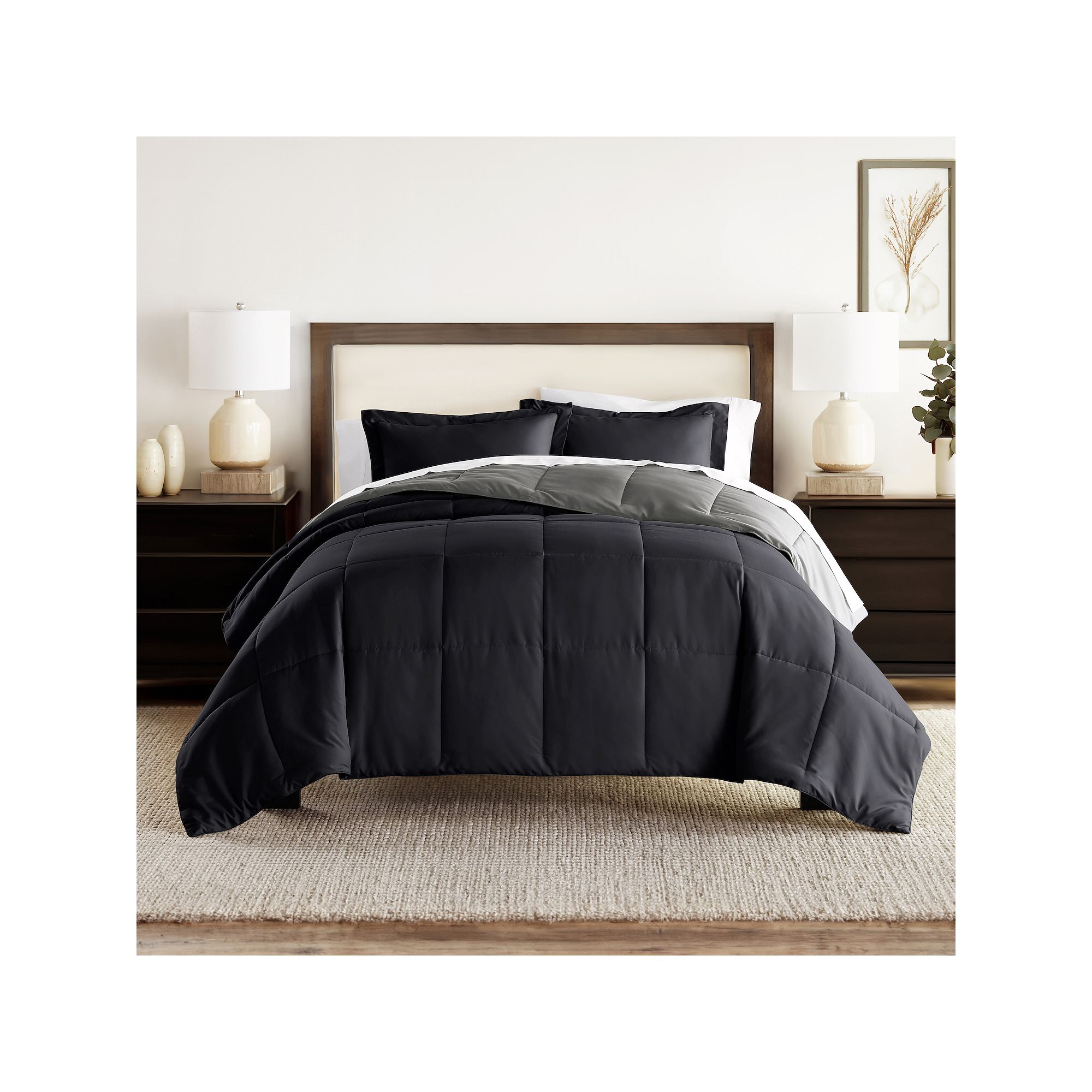 Home Collection Premium Down-Alternative Reversible Comforter Set, Black An