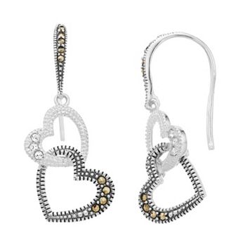 Lavish by TJM Sterling Silver Marcasite & Crystal Double Heart Drop Earrings