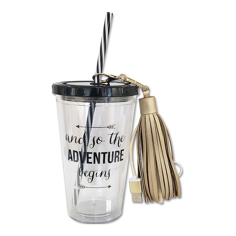 New View Gifts Graduation Travel Cup & Charging Tassel Keychain Gift 2-piece Set, Black Gold