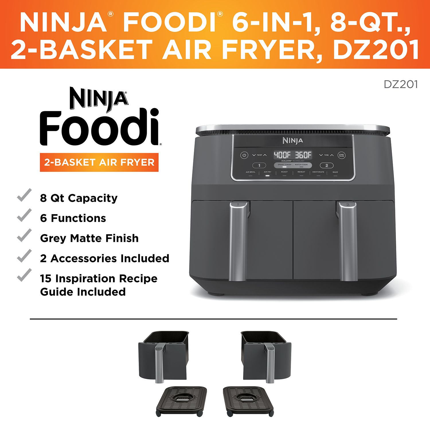 Ninja Foodi 8 Qt. Original Dualzone, 2-Basket Air Fryer With 6 Functions