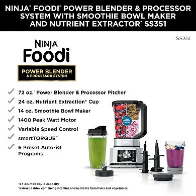 Ninja Foodi Power Blender & Processor System with Smoothie Bowl Maker and Nutrient Extractor 1400 Watts
