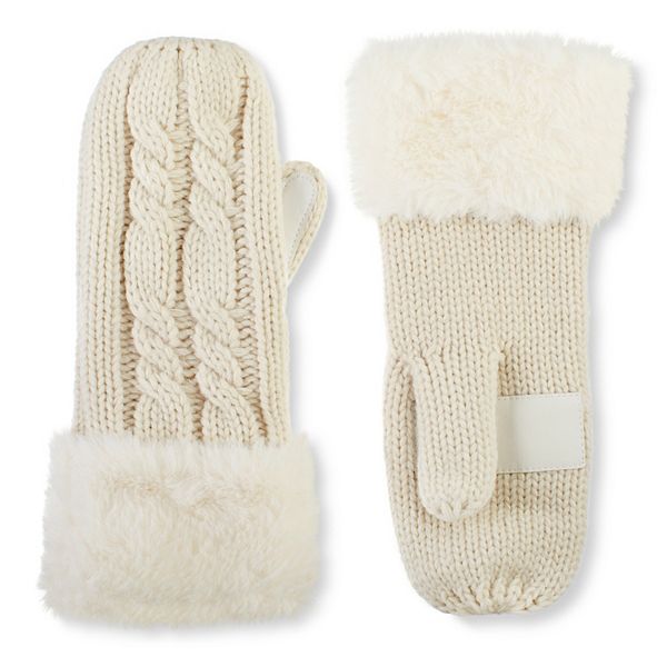 Women's isotoner Lined Cable Knit Mittens with Faux Fur Cuff