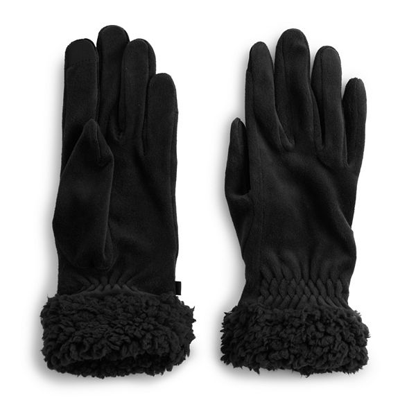 Women's Cuddl Duds® Double Plush Velour & Sherpa Cuff Gloves - Black