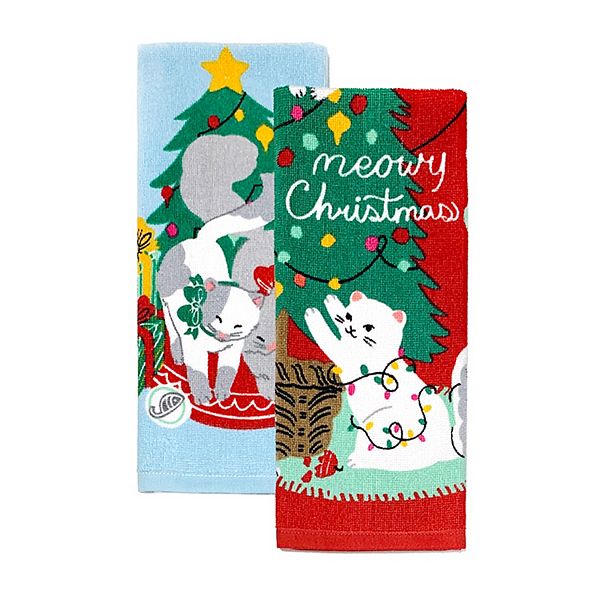 Meowy Christmas Dish Towel - White