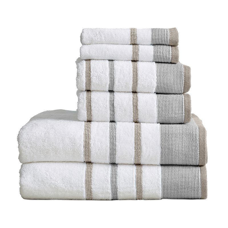 Great Bay Home 6-Piece Cotton Striped Towel Set, Grey, 6 Pc Set