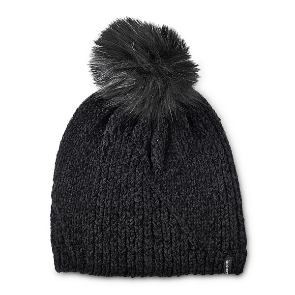 Isotoner Black Women's Chenille Snowflake Hat with Faux Fur Pom