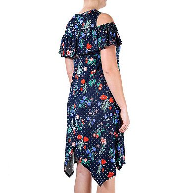 Women's Nina Leonard Print Cold-Shoulder Ruffle Dress