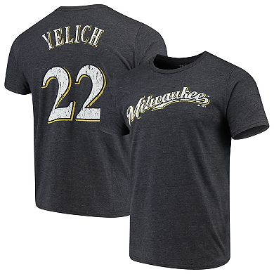 Men's Majestic Threads Christian Yelich Navy Milwaukee Brewers Name & Number Tri-Blend T-Shirt