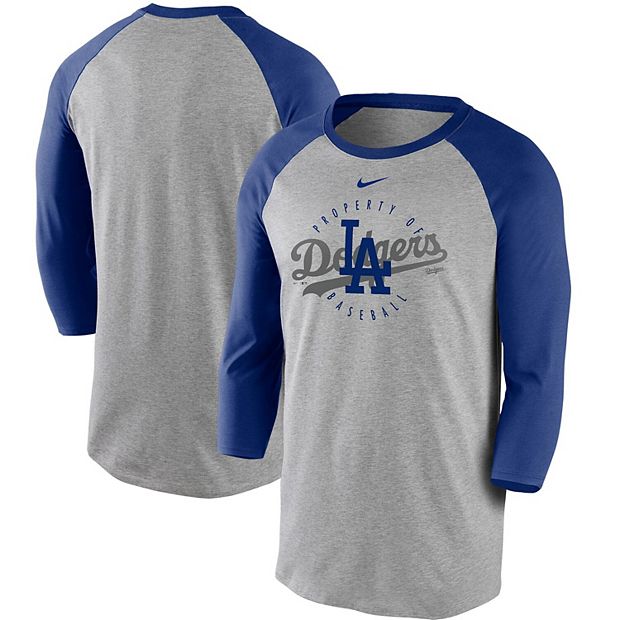 Men's Nike Gray/Royal Los Angeles Dodgers Property Of Tri-Blend Raglan 3/4  Sleeve T