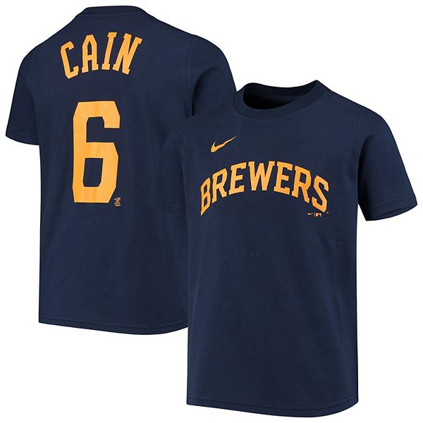 Milwaukee Brewers Boy's Youth Lorenzo Cain #6 Player Name and Number Crew  Neck Jersey T-Shirt (X-Large 16) Navy