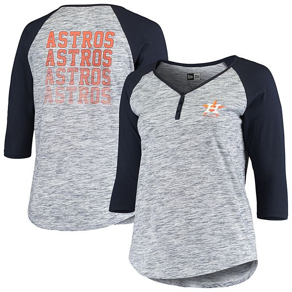 Women's New Era Navy Houston Astros Plus Size Space Dye Jersey 3/4 Length  Raglan Sleeve Henley T-Shirt