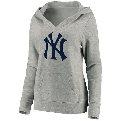 Women's Fanatics Branded Heathered Gray New York Yankees Official Logo Crossover V-Neck Pullover Hoodie