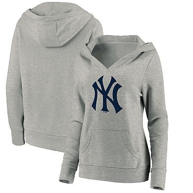 Women's Fanatics Branded Heathered Gray New York Yankees Official Logo Crossover V-Neck Pullover Hoodie