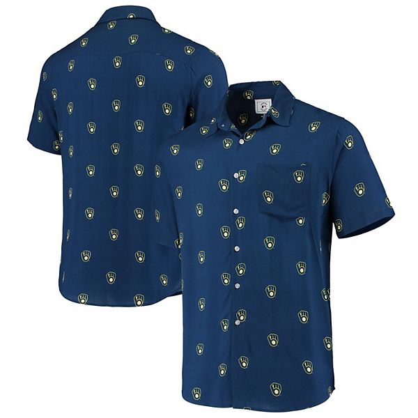 Men's Navy Milwaukee Brewers Mini Print Logo Button-Up Shirt