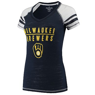 Women's Soft as a Grape Navy Milwaukee Brewers Color Block V-Neck T-Shirt