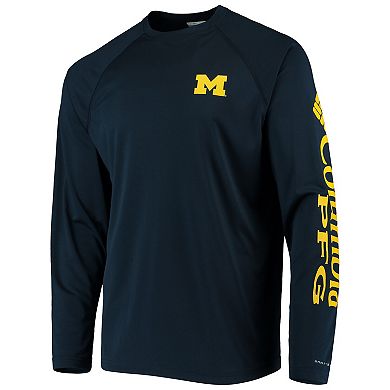 Men's Columbia Navy Michigan Wolverines Terminal Tackle Omni-Shade Raglan Long Sleeve T-Shirt
